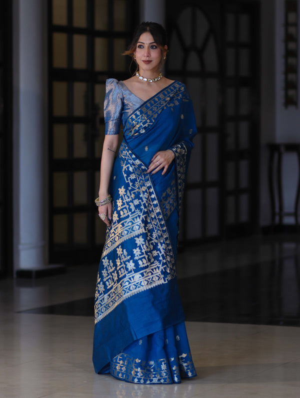 Banarasee Handloom Cotton Silk Saree With Zari Buti Design & Geometric Border-Blue