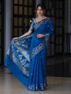 Banarasee Handloom Cotton Silk Saree With Zari Buti Design & Geometric Border-Blue