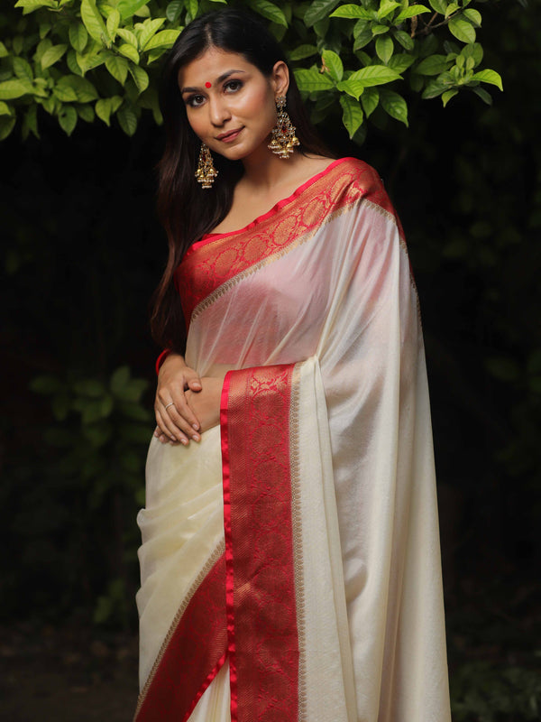 Banarasee Handwoven Semi Silk Plain Saree With Zari Contrast Border-White & Red