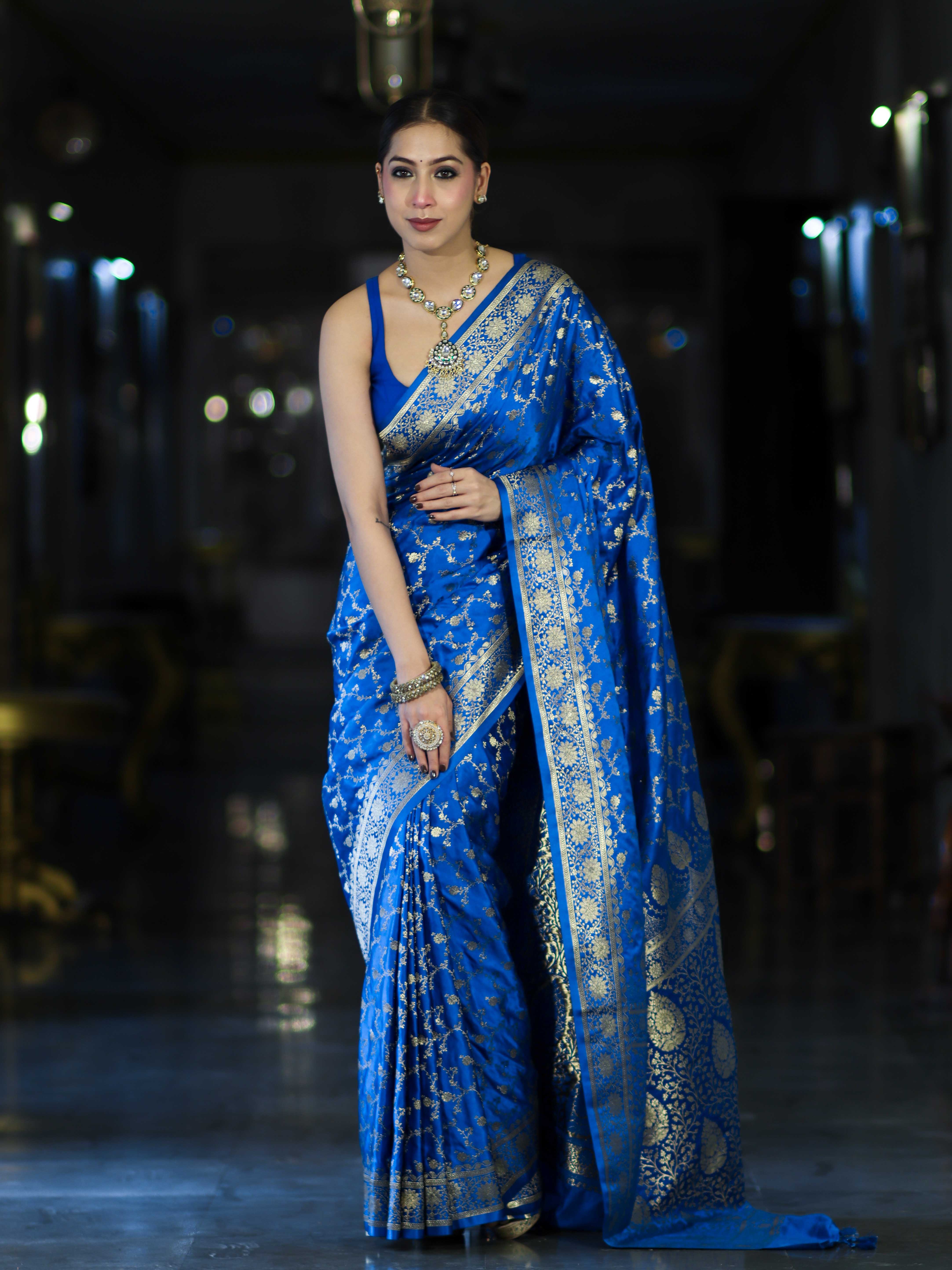 Banarasee Mashru Silk Saree With Zari Jaal Work & Floral Border-Blue