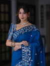Banarasee Handloom Cotton Silk Saree With Zari Buti Design & Geometric Border-Blue