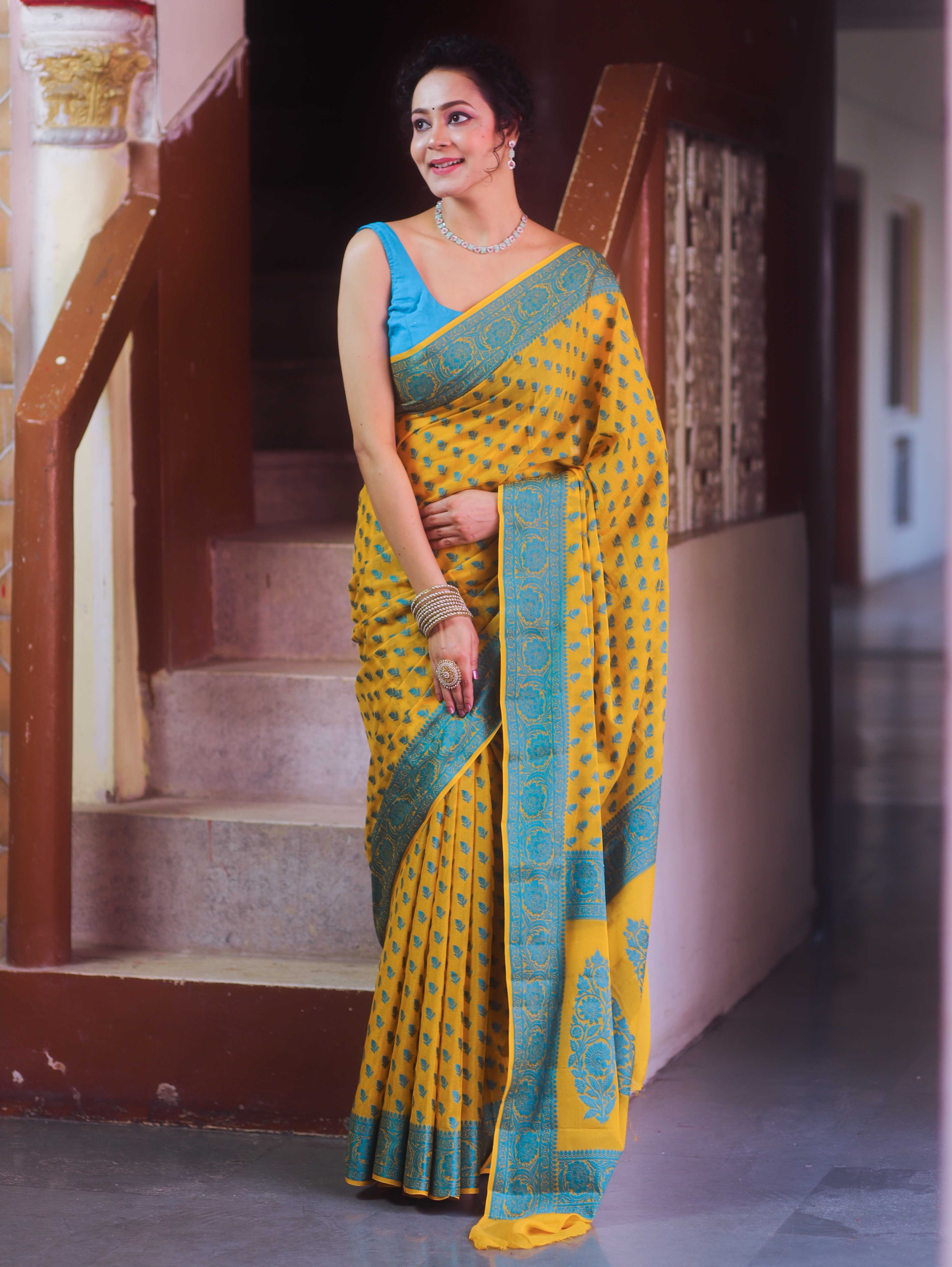Banarasee Pure Chiffon Saree With Resham Buti Design & Border-Yellow