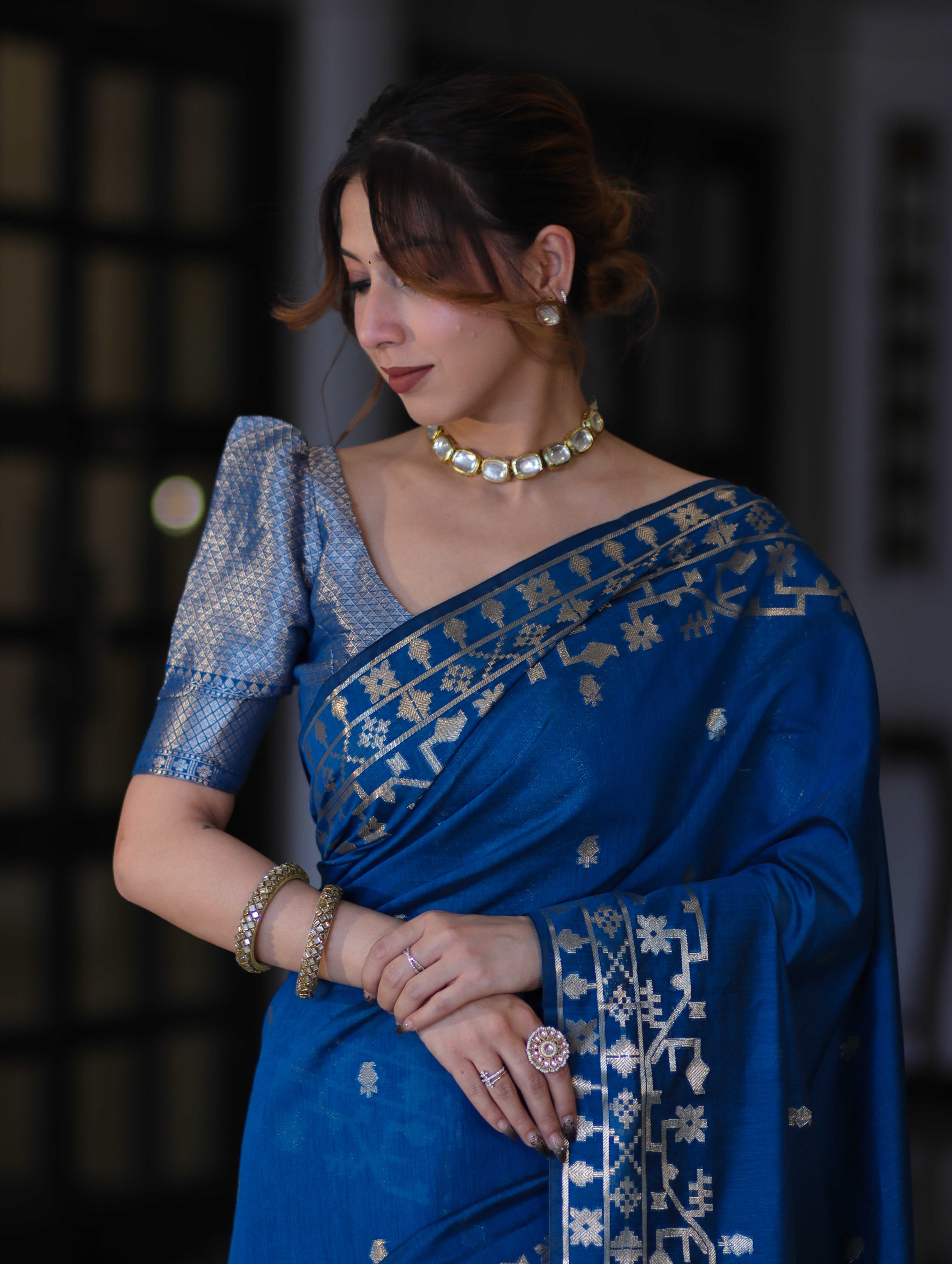 Banarasee Handloom Cotton Silk Saree With Zari Buti Design & Geometric Border-Blue