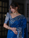 Banarasee Handloom Cotton Silk Saree With Zari Buti Design & Geometric Border-Blue