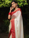 Banarasee Handwoven Semi Silk Plain Saree With Zari Contrast Border-White & Red