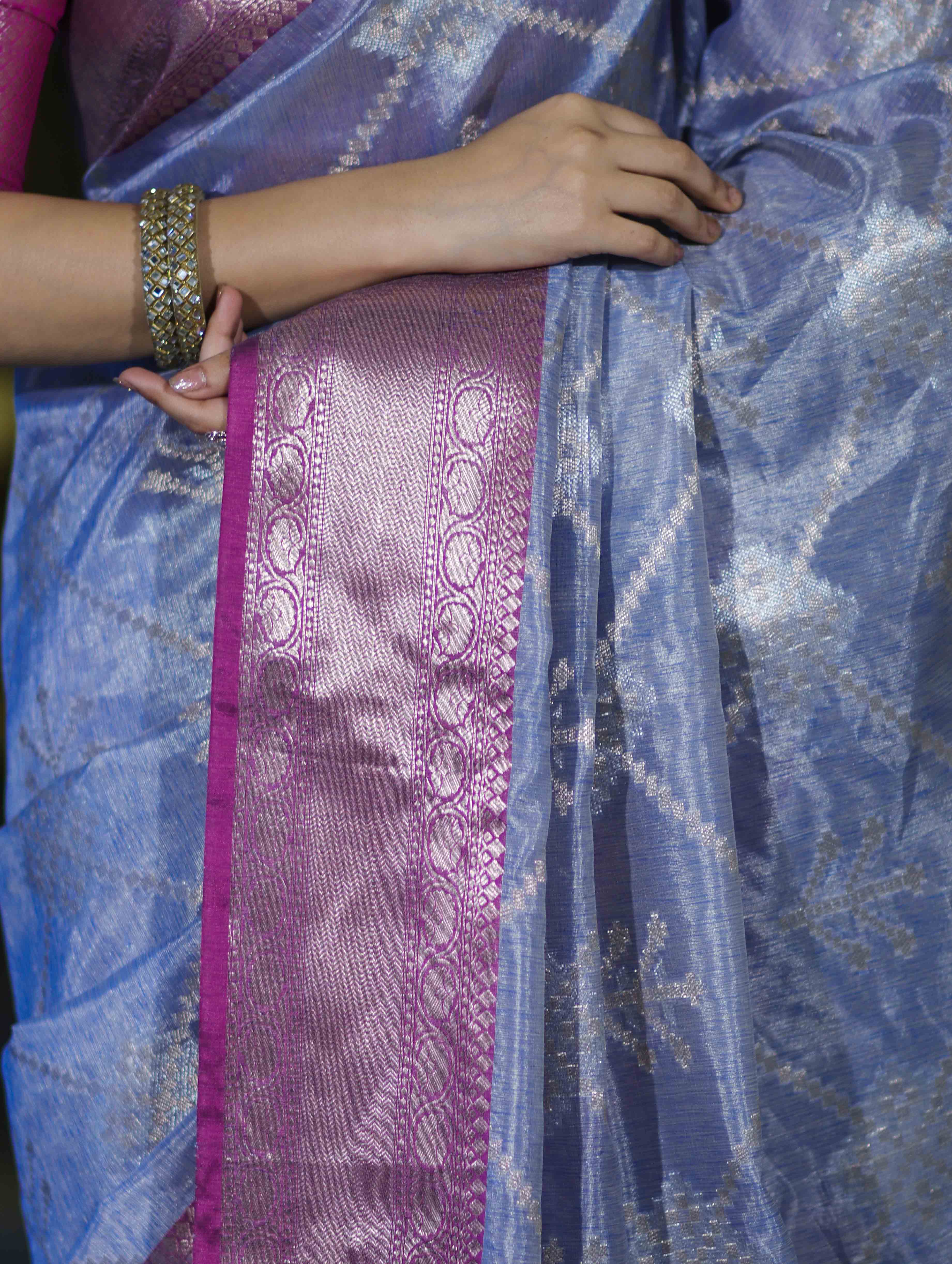 Banarasee Handloom Semi Silk Saree With Zari Jaal Work & Contrast Border-Light Blue & Magenta