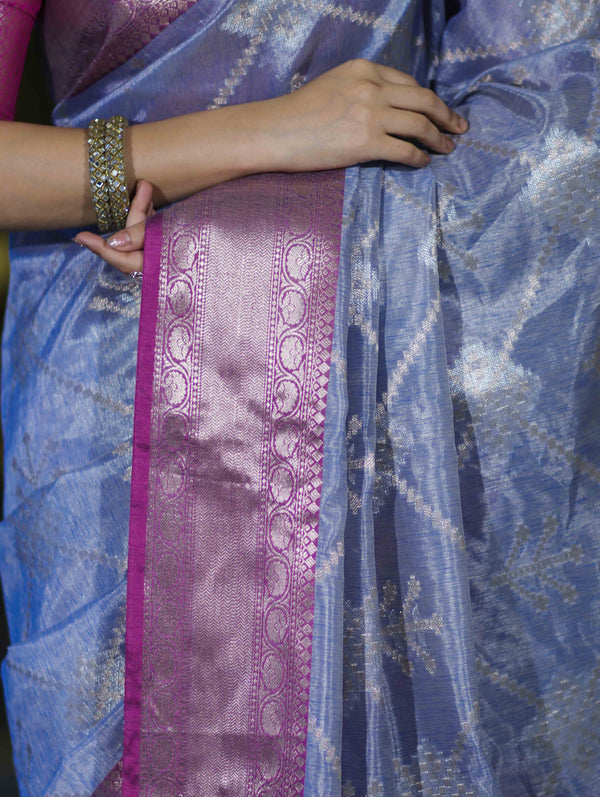 Banarasee Handloom Semi Silk Saree With Zari Jaal Work & Contrast Border-Light Blue & Magenta