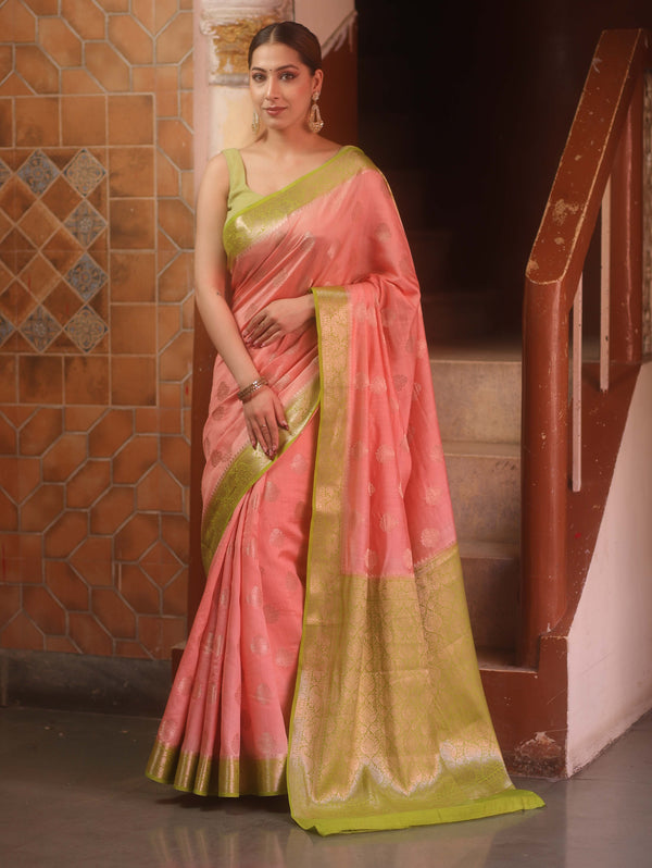 Banarasee Handloom Pure Chiniya Silk Saree With Zari Work & Contrast Border-Peach & Green