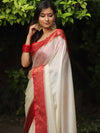 Banarasee Handwoven Semi Silk Plain Saree With Zari Contrast Border-White & Red