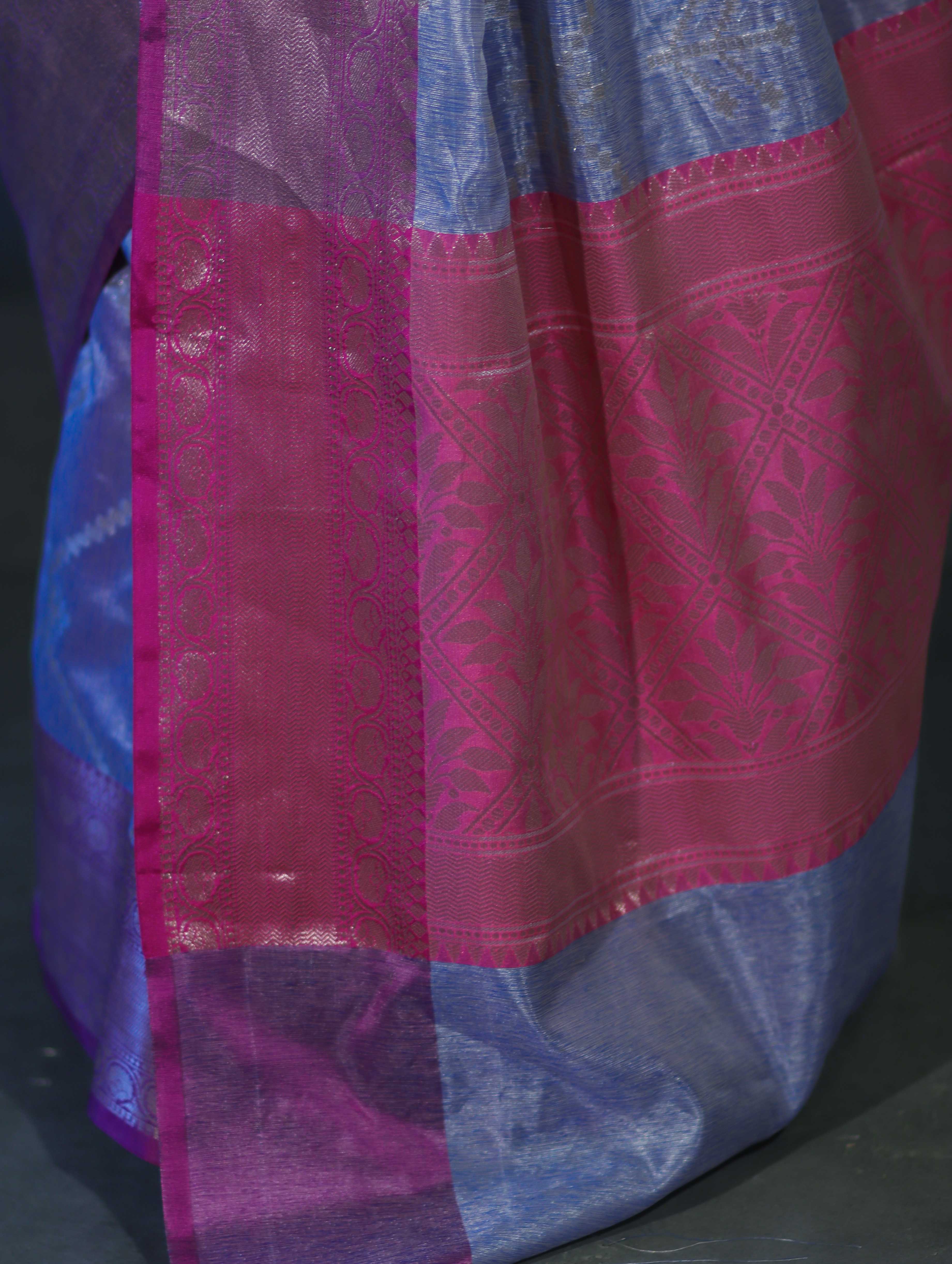Banarasee Handloom Semi Silk Saree With Zari Jaal Work & Contrast Border-Light Blue & Magenta