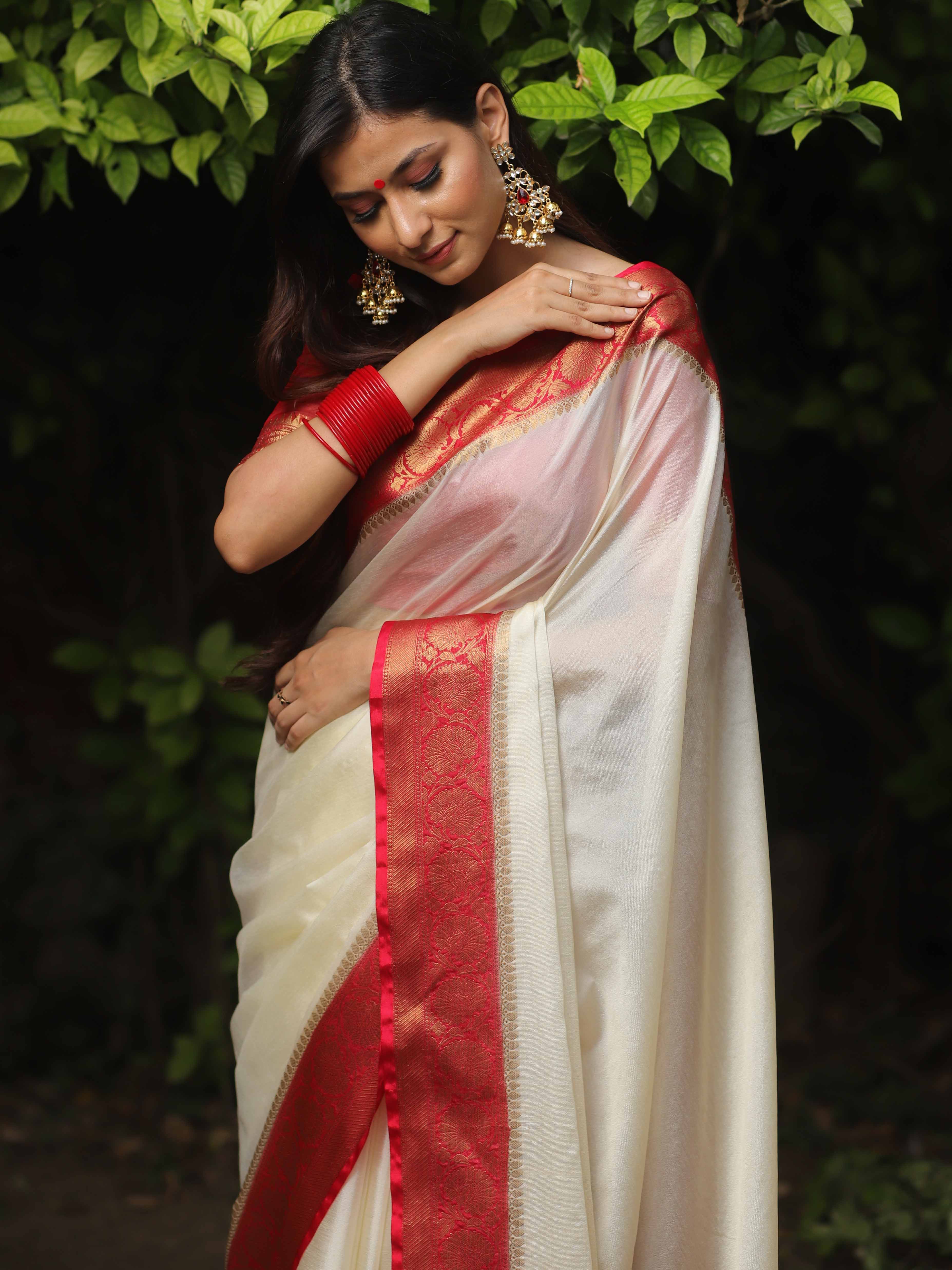 Banarasee Handwoven Semi Silk Plain Saree With Zari Contrast Border-White & Red