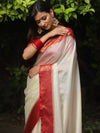 Banarasee Handwoven Semi Silk Plain Saree With Zari Contrast Border-White & Red