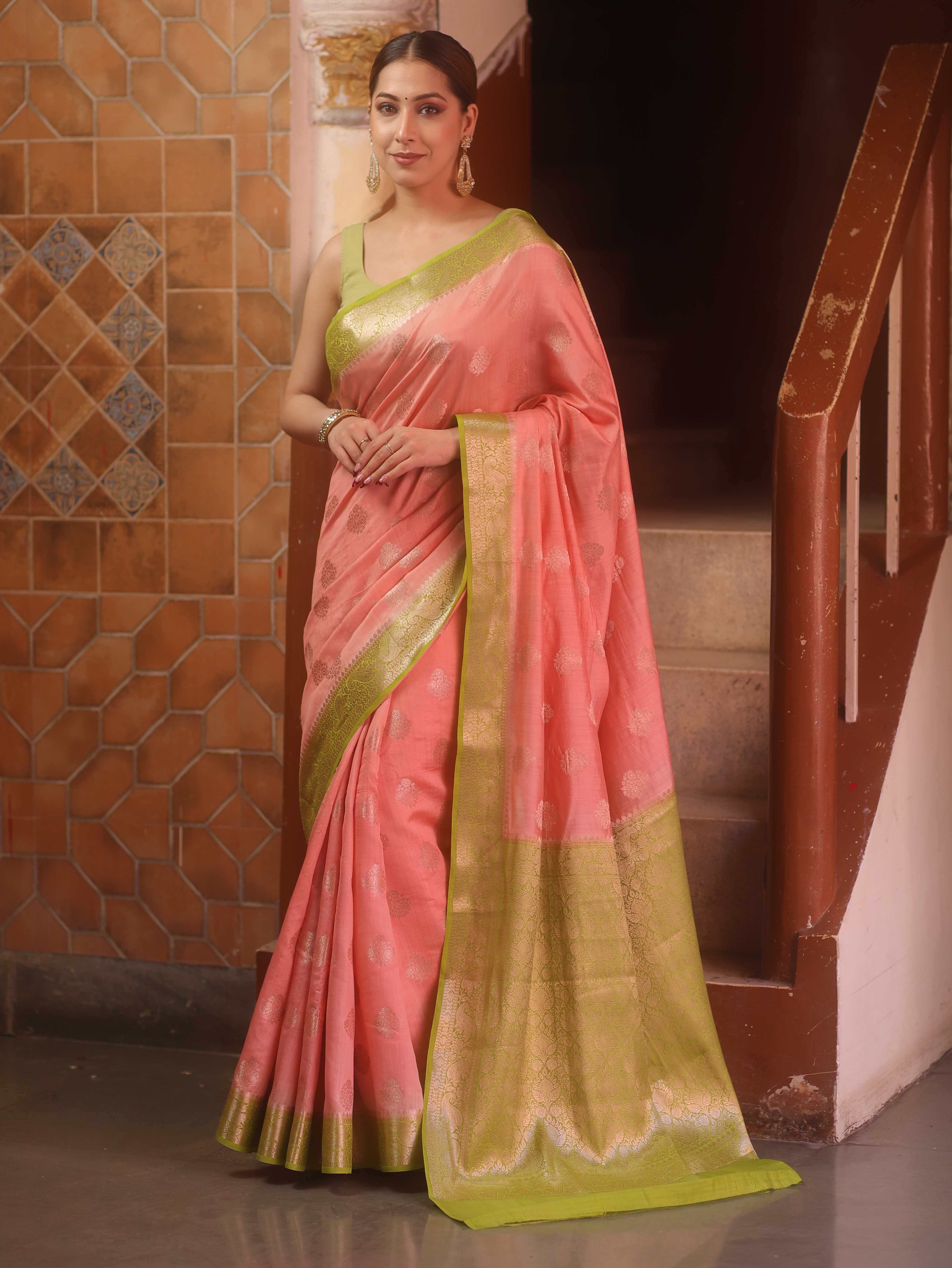 Banarasee Handloom Pure Chiniya Silk Saree With Zari Work & Contrast Border-Peach & Green