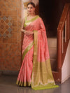 Banarasee Handloom Pure Chiniya Silk Saree With Zari Work & Contrast Border-Peach & Green