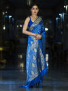 Banarasee Mashru Silk Saree With Zari Jaal Work & Floral Border-Blue