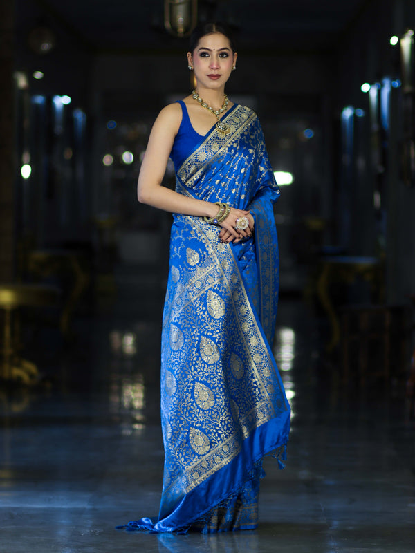 Banarasee Mashru Silk Saree With Zari Jaal Work & Floral Border-Blue