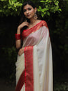 Banarasee Handwoven Semi Silk Plain Saree With Zari Contrast Border-White & Red
