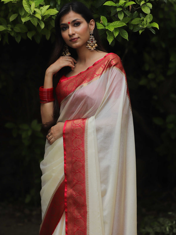 Banarasee Handwoven Semi Silk Plain Saree With Zari Contrast Border-White & Red