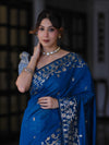 Banarasee Handloom Cotton Silk Saree With Zari Buti Design & Geometric Border-Blue