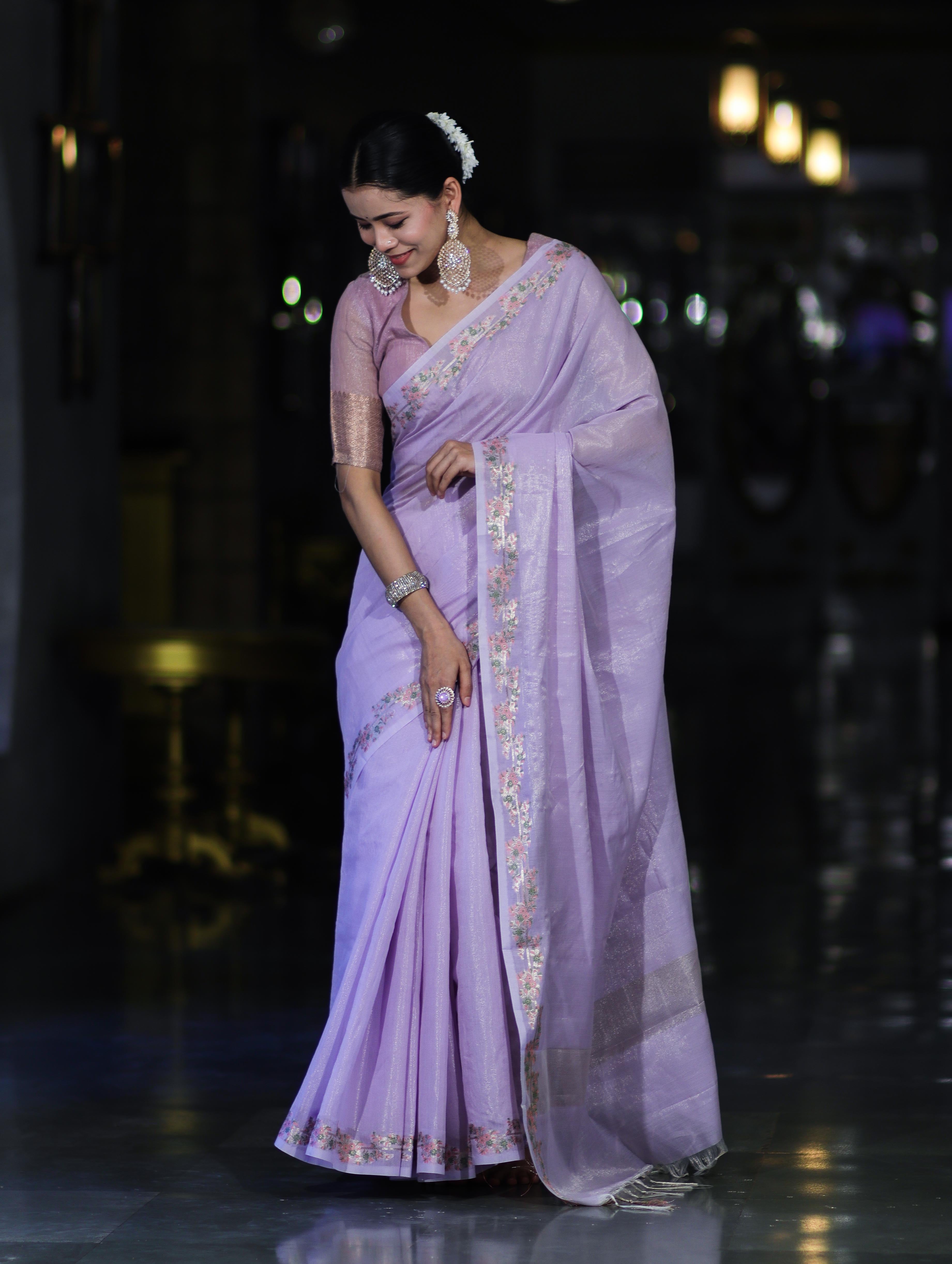 Banarasee Handloom Soft Tissue Shine Saree With Resham Floral Border-Lavender