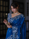 Banarasee Handloom Cotton Silk Saree With Zari Buti Design & Geometric Border-Blue