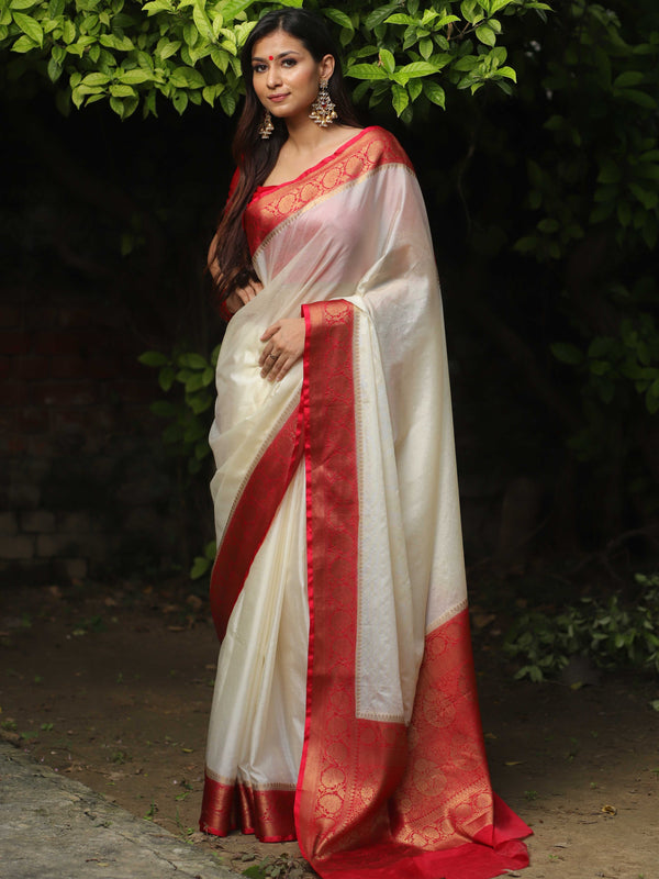 Banarasee Handwoven Semi Silk Plain Saree With Zari Contrast Border-White & Red