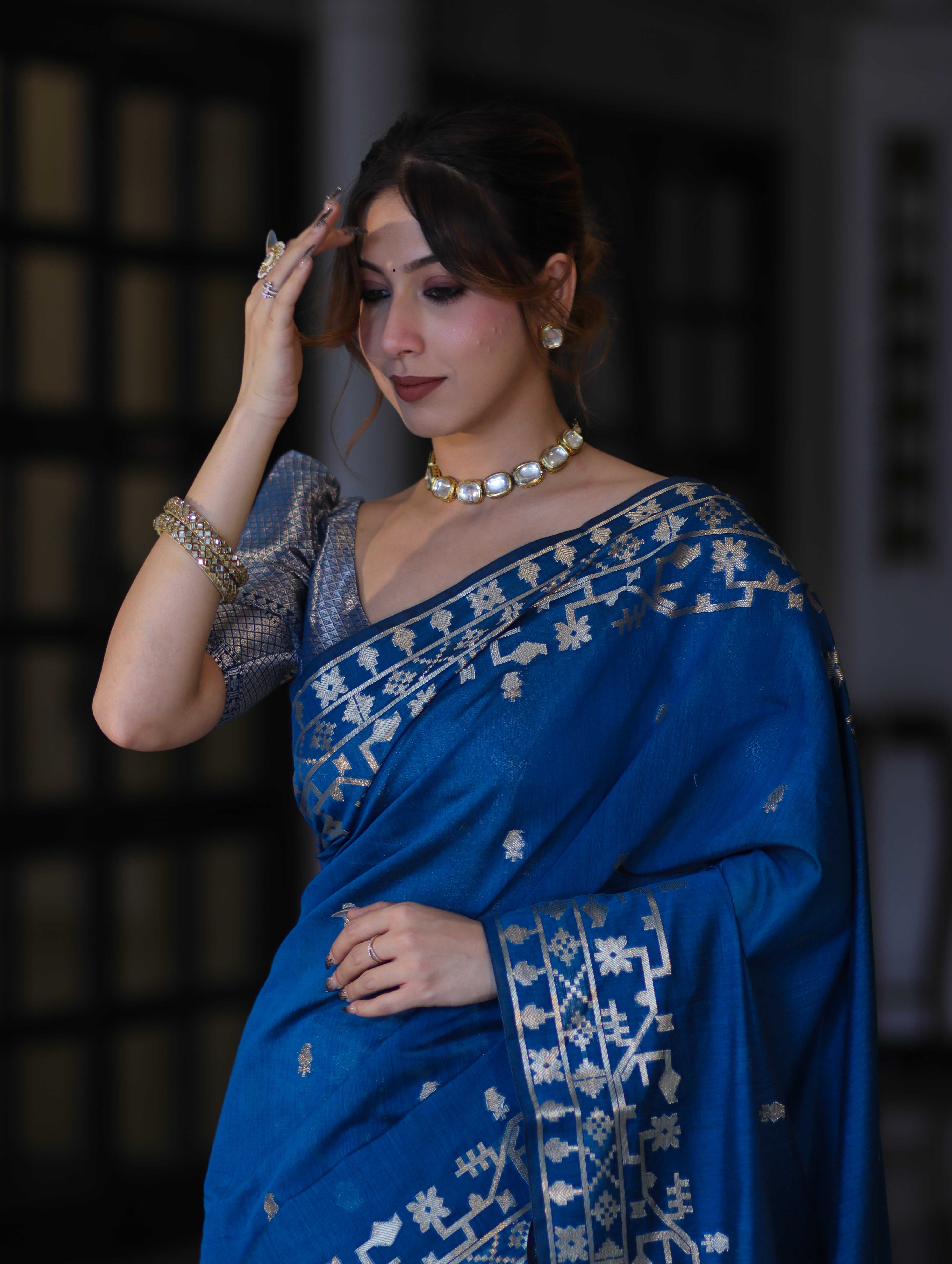 Banarasee Handloom Cotton Silk Saree With Zari Buti Design & Geometric Border-Blue