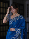 Banarasee Handloom Cotton Silk Saree With Zari Buti Design & Geometric Border-Blue