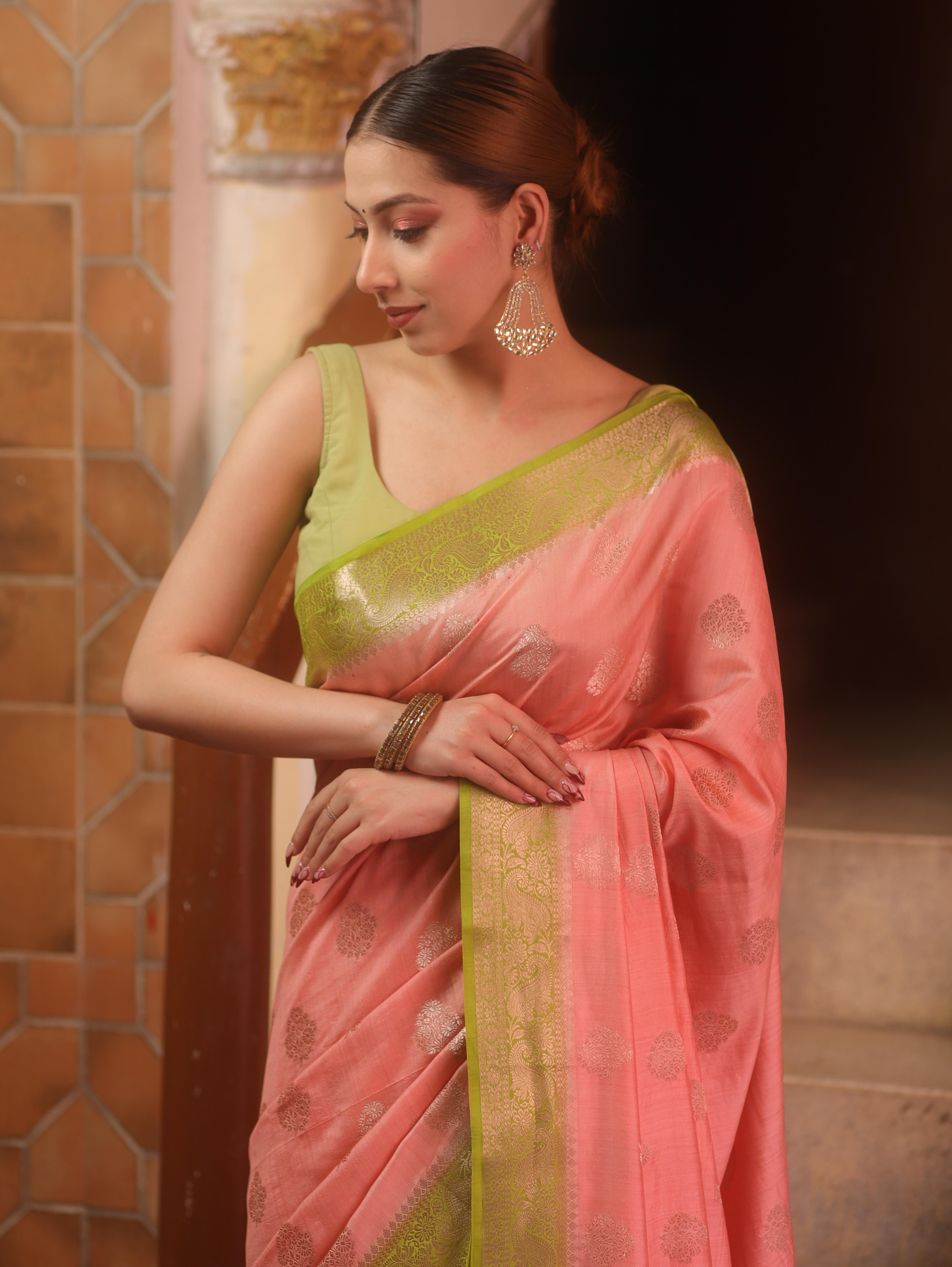 Banarasee Handloom Pure Chiniya Silk Saree With Zari Work & Contrast Border-Peach & Green