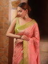 Banarasee Handloom Pure Chiniya Silk Saree With Zari Work & Contrast Border-Peach & Green