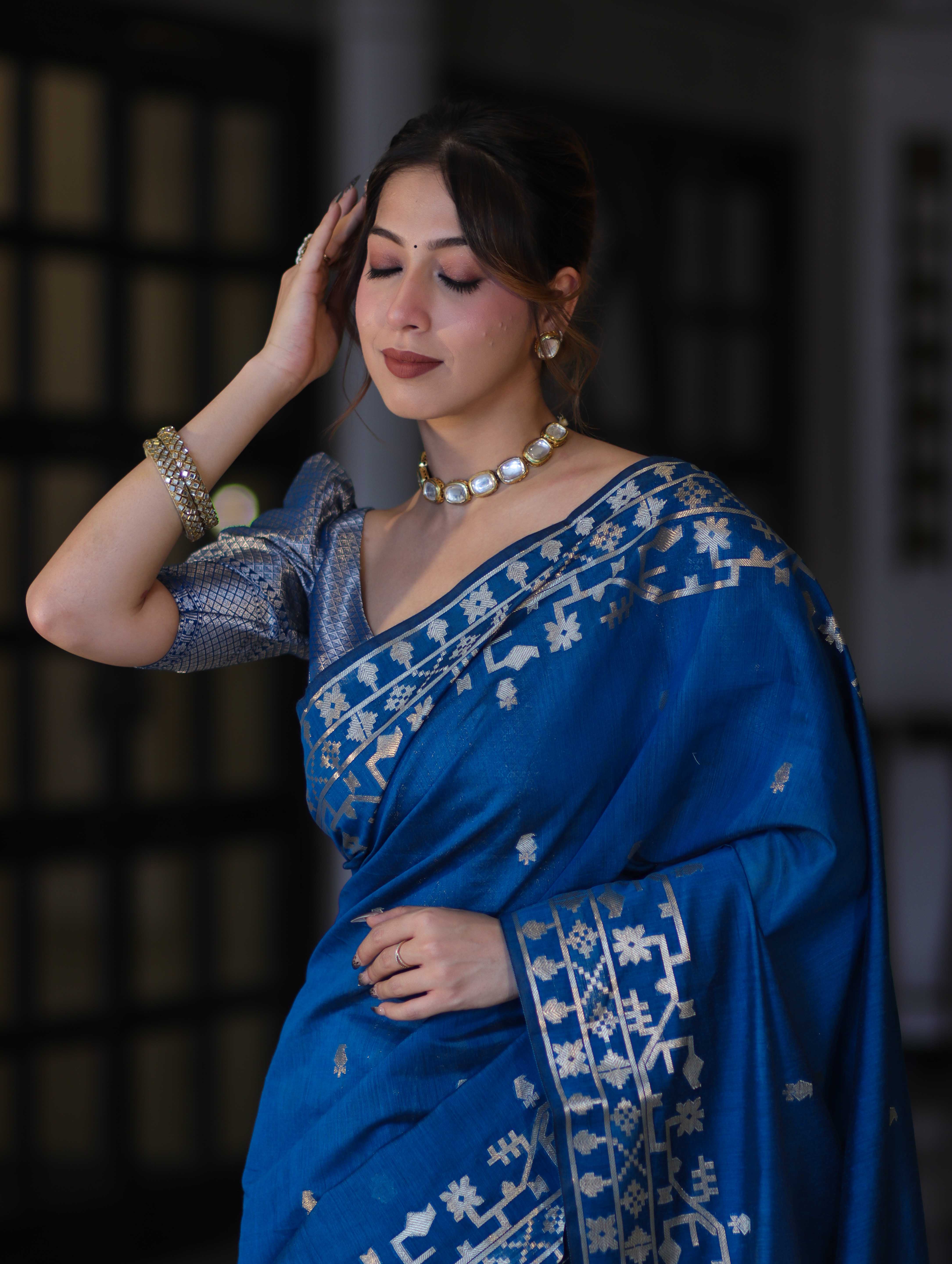 Banarasee Handloom Cotton Silk Saree With Zari Buti Design & Geometric Border-Blue