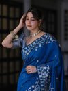 Banarasee Handloom Cotton Silk Saree With Zari Buti Design & Geometric Border-Blue