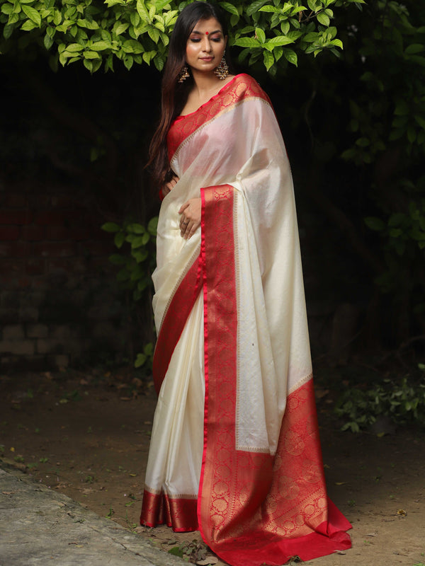 Banarasee Handwoven Semi Silk Plain Saree With Zari Contrast Border-Wh