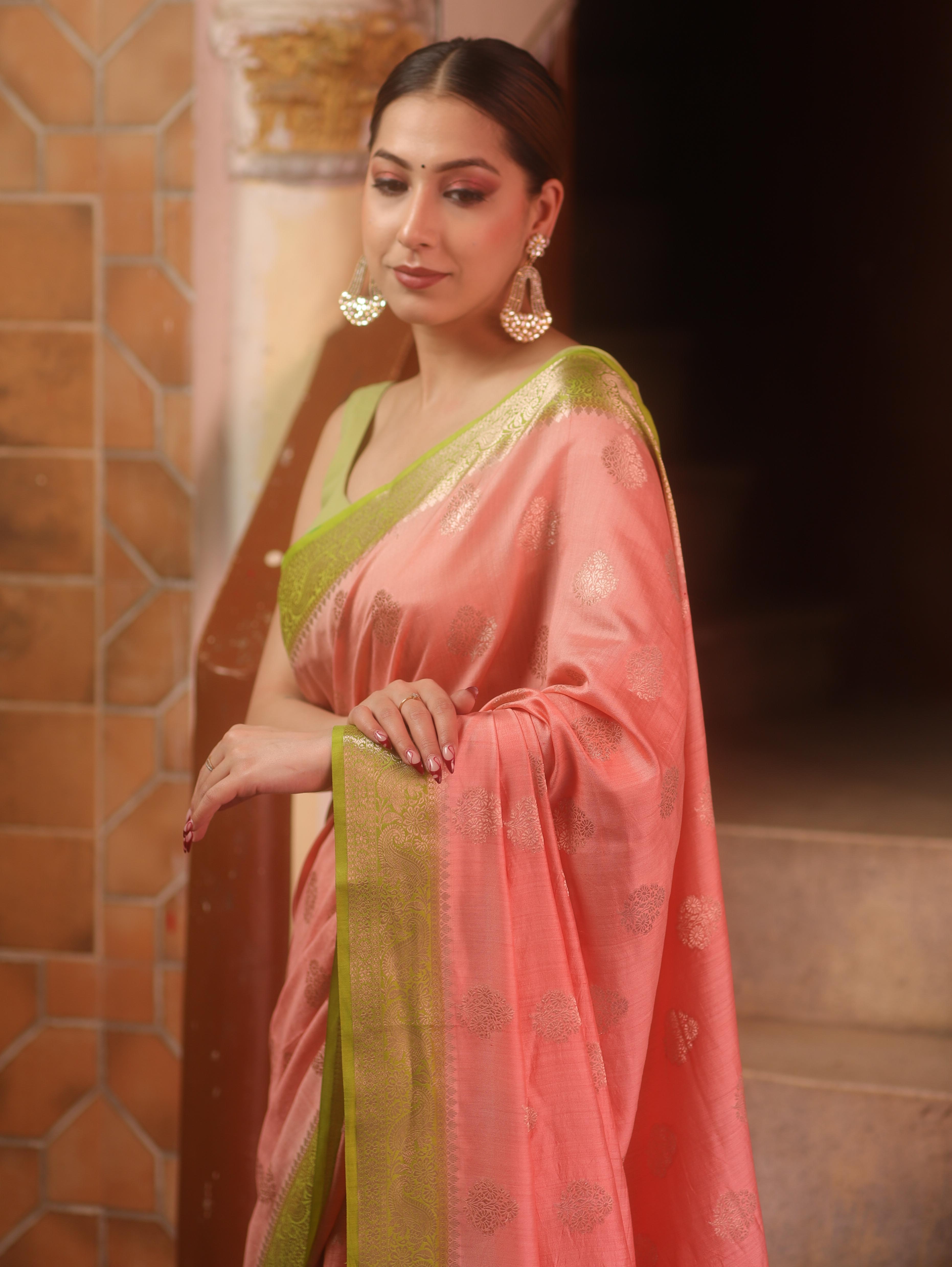 Banarasee Handloom Pure Chiniya Silk Saree With Zari Work & Contrast Border-Peach & Green