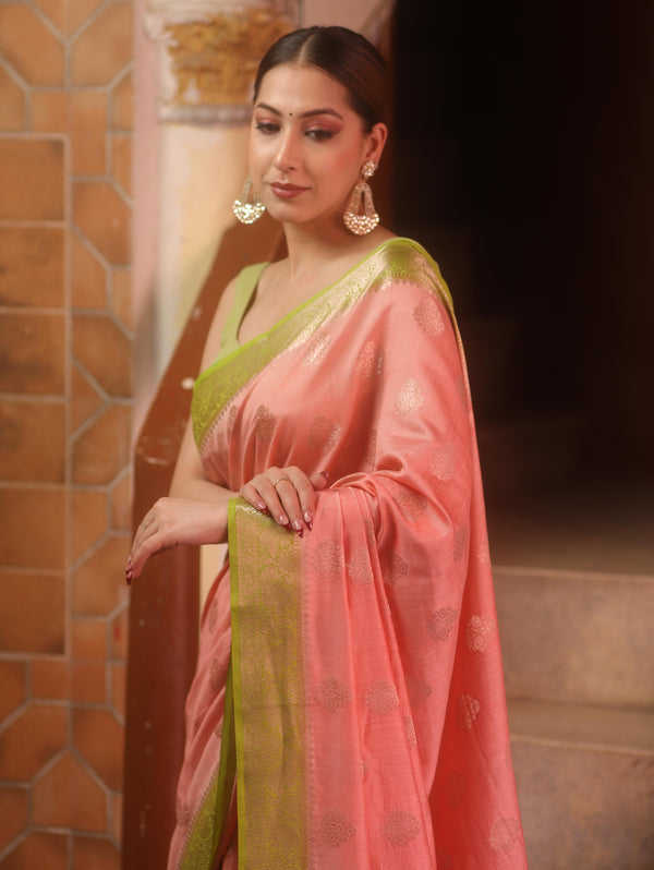 Banarasee Handloom Pure Chiniya Silk Saree With Zari Work & Contrast Border-Peach & Green