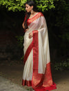 Banarasee Handwoven Semi Silk Plain Saree With Zari Contrast Border-White & Red