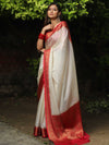 Banarasee Handwoven Semi Silk Plain Saree With Zari Contrast Border-White & Red