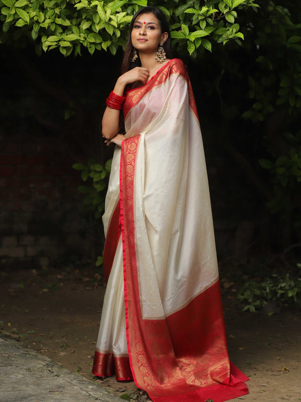 Banarasee Handwoven Semi Silk Plain Saree With Zari Contrast Border-White & Red