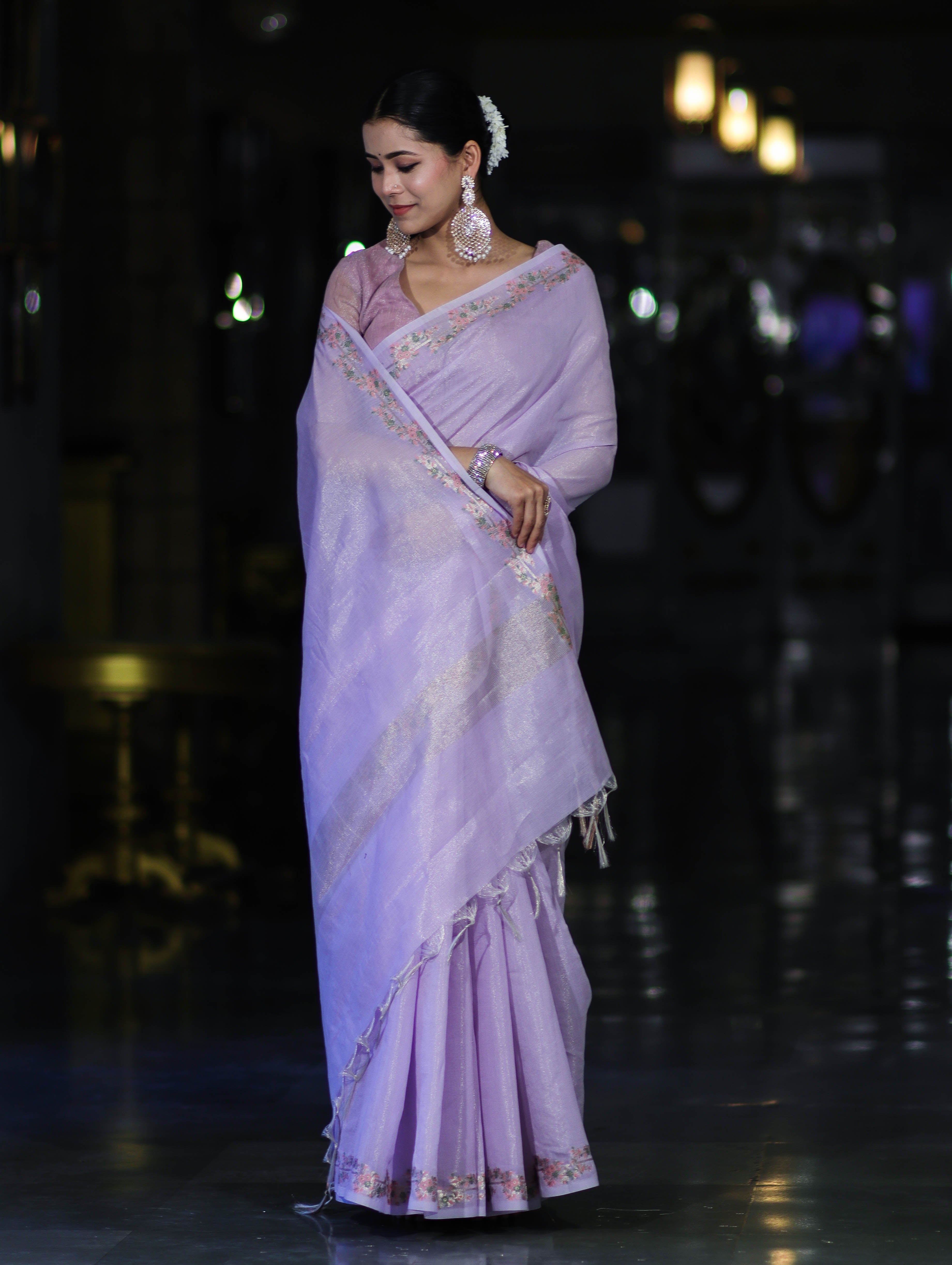 Banarasee Handloom Soft Tissue Shine Saree With Resham Floral Border-Lavender