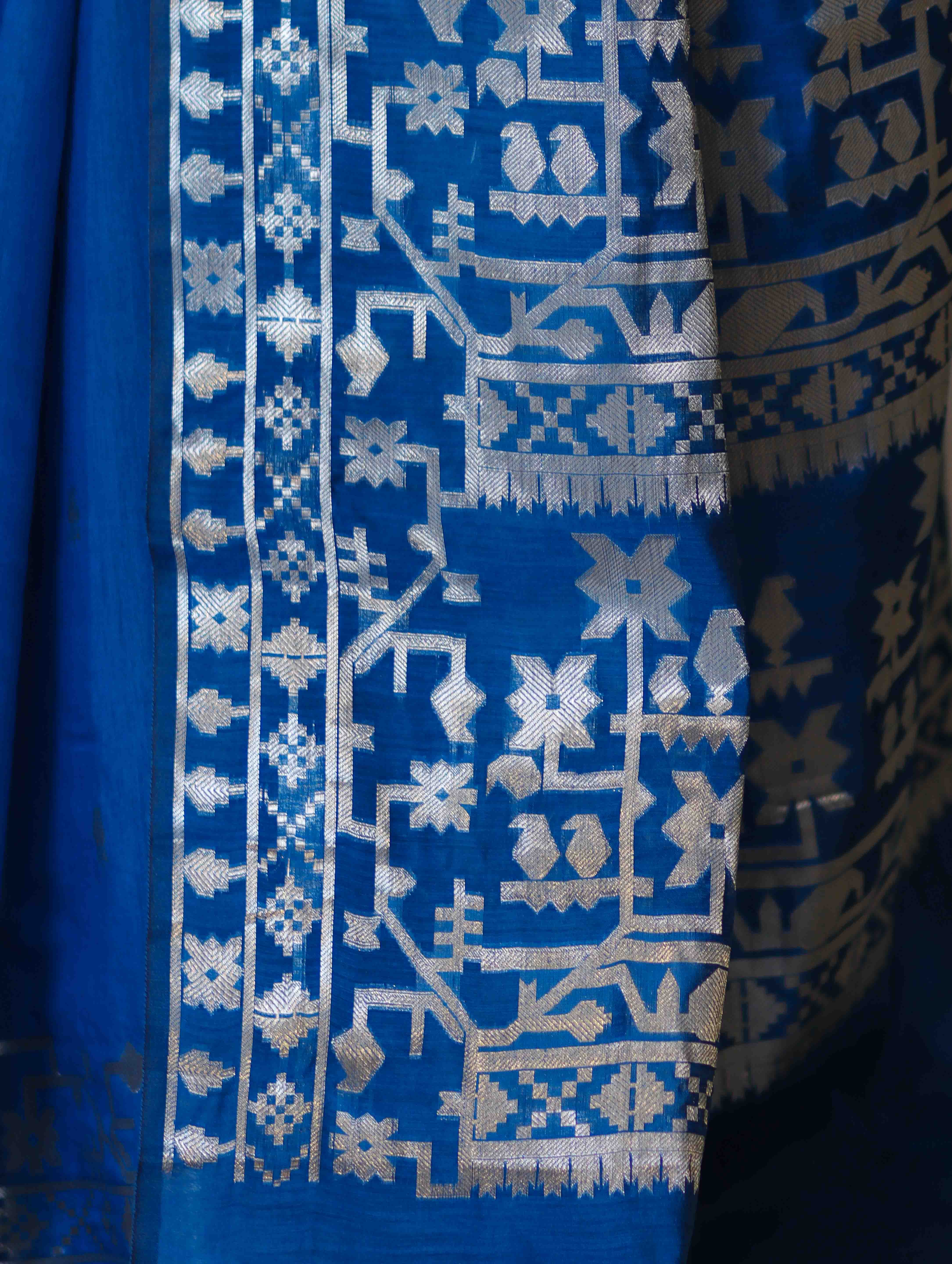 Banarasee Handloom Cotton Silk Saree With Zari Buti Design & Geometric Border-Blue
