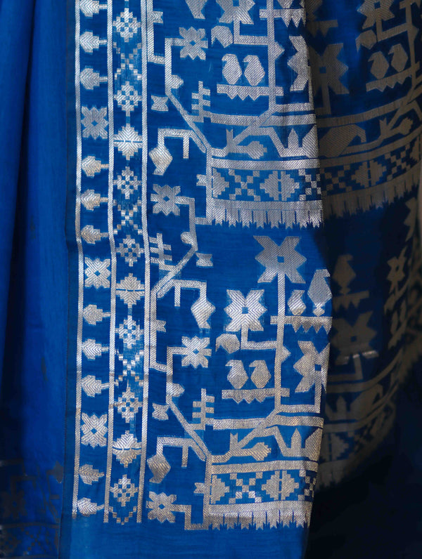 Banarasee Handloom Cotton Silk Saree With Zari Buti Design & Geometric Border-Blue