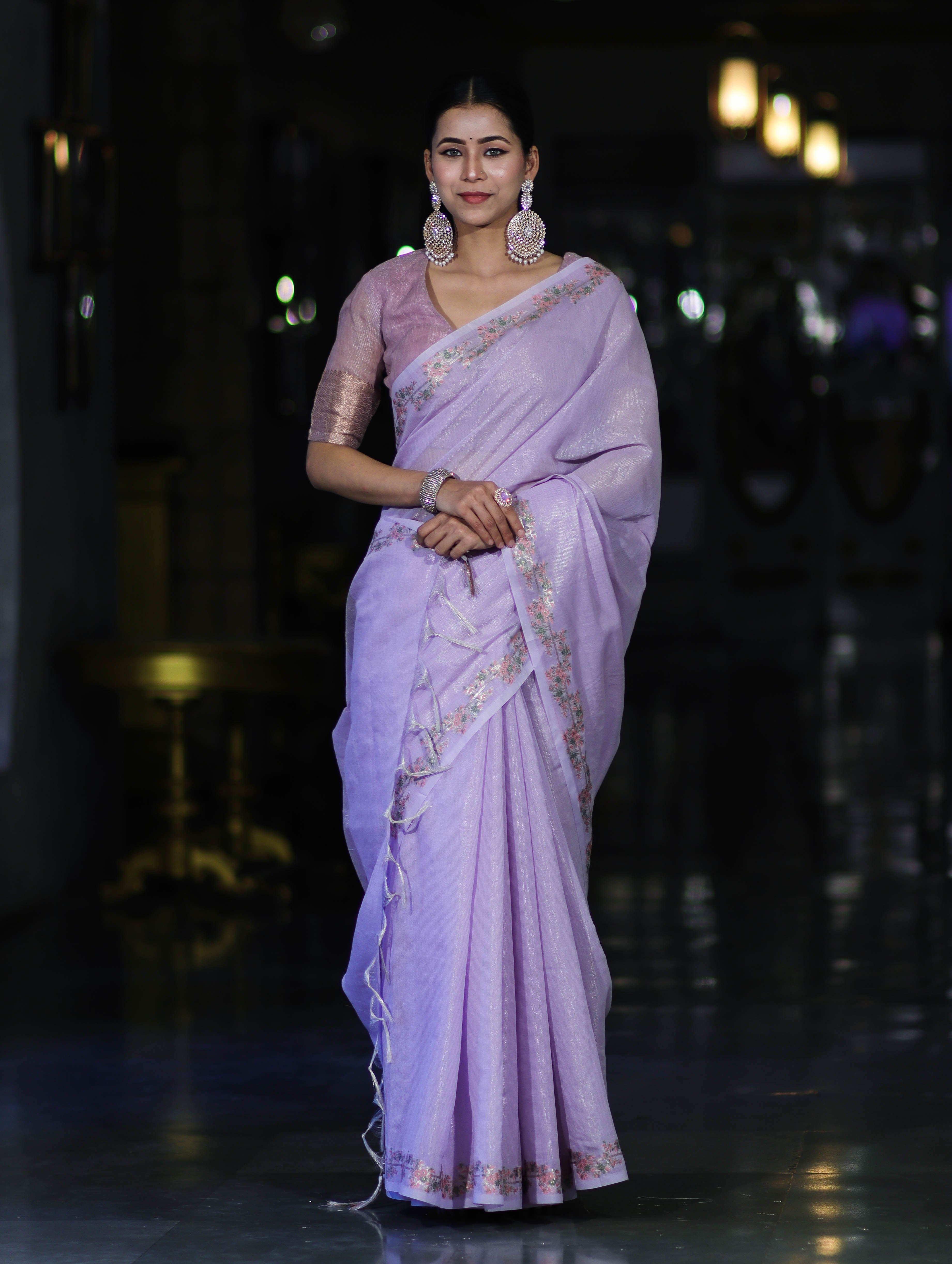Banarasee Handloom Soft Tissue Shine Saree With Resham Floral Border-Lavender