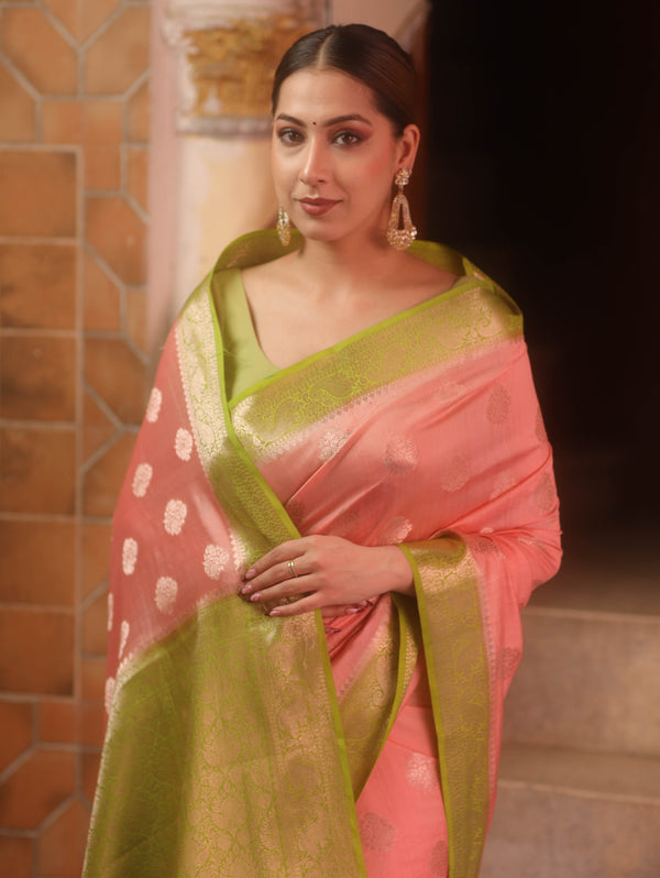 Banarasee Handloom Pure Chiniya Silk Saree With Zari Work & Contrast Border-Peach & Green