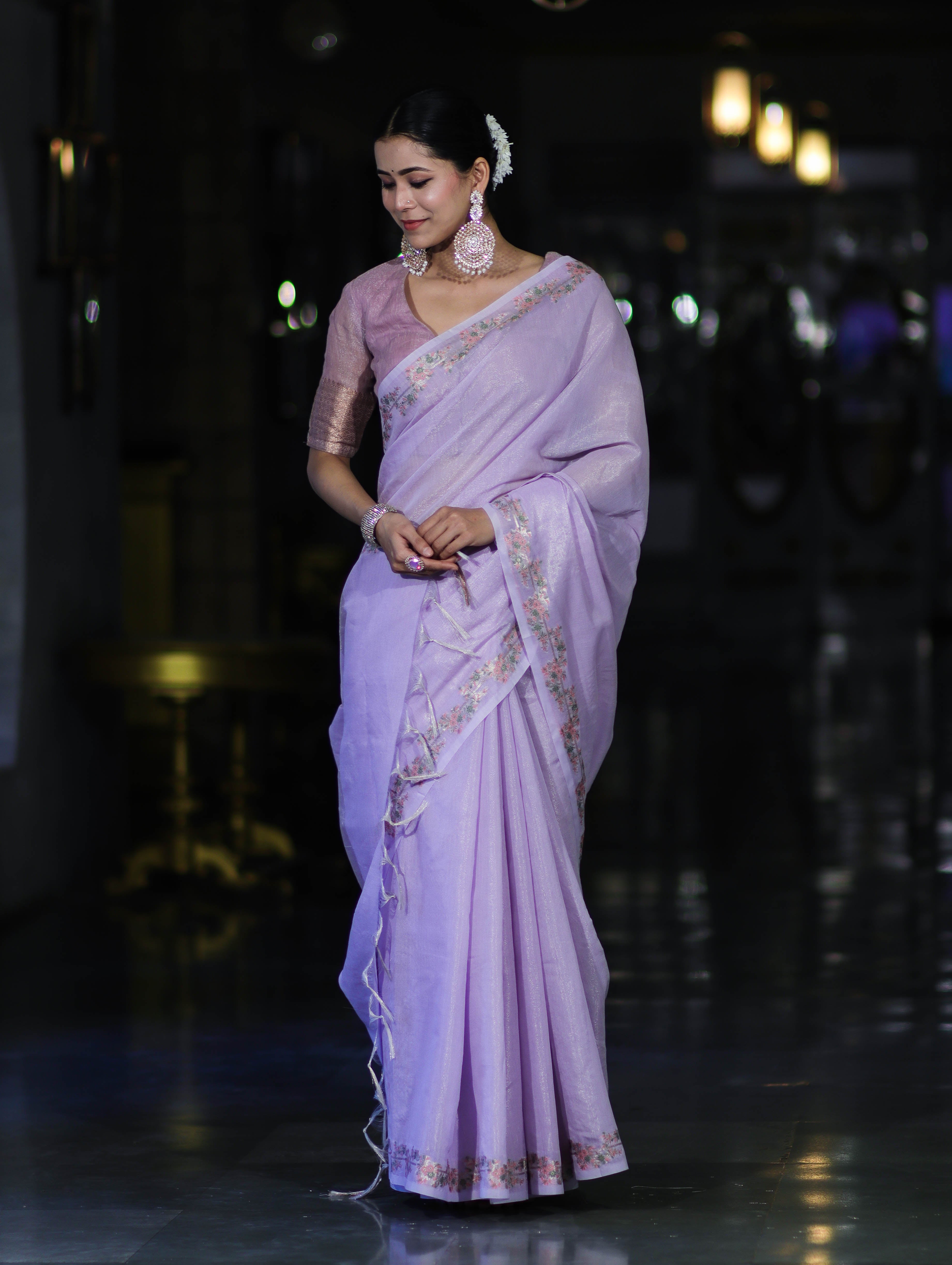Banarasee Handloom Soft Tissue Shine Saree With Resham Floral Border-Lavender