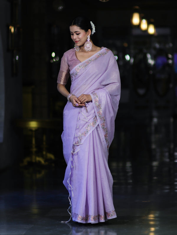 Banarasee Handloom Soft Tissue Shine Saree With Resham Floral Border-Lavender