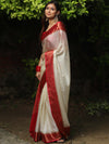 Banarasee Handwoven Semi Silk Plain Saree With Zari Contrast Border-White & Red