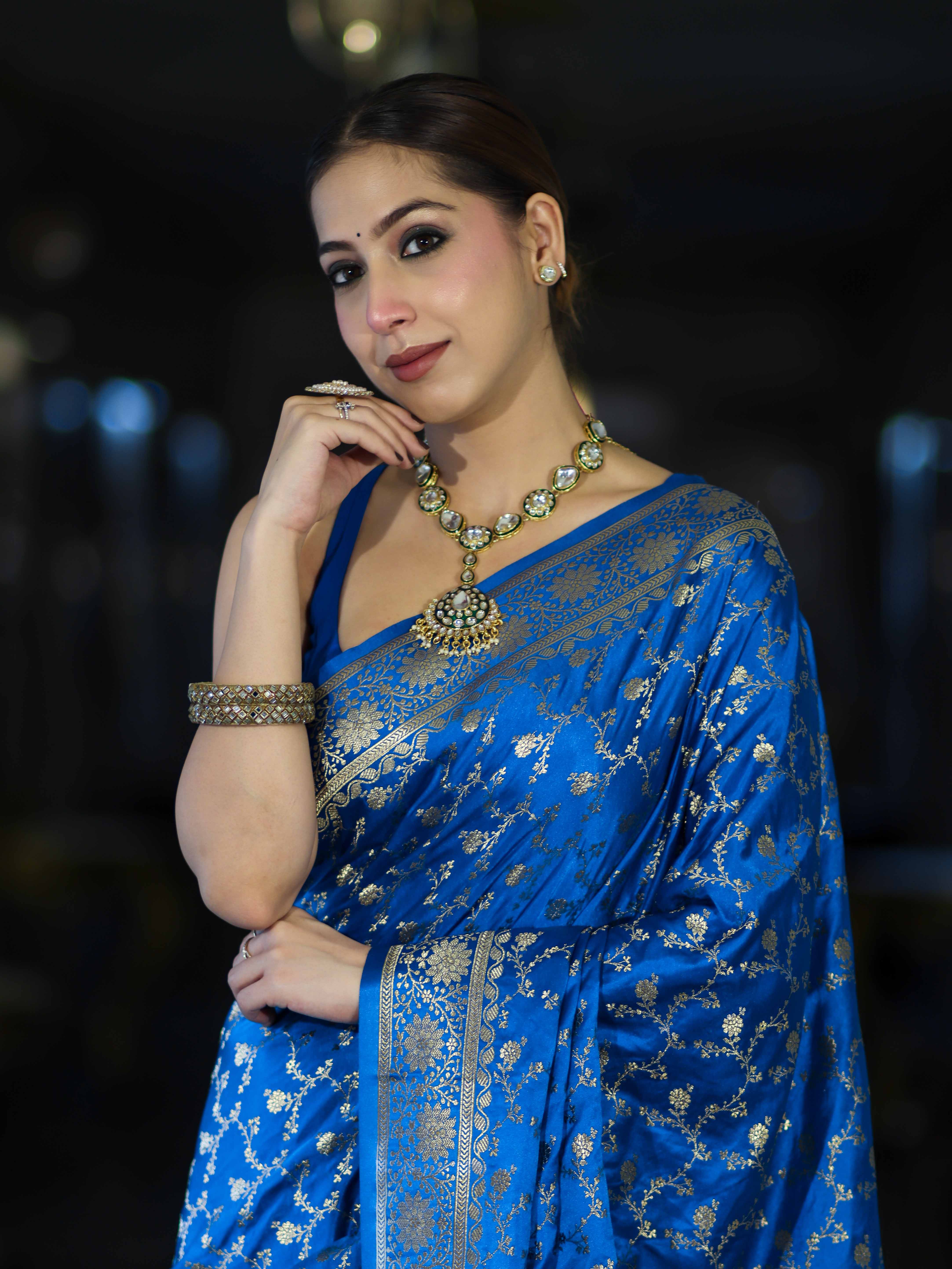 Banarasee Mashru Silk Saree With Zari Jaal Work & Floral Border-Blue