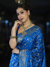 Banarasee Mashru Silk Saree With Zari Jaal Work & Floral Border-Blue