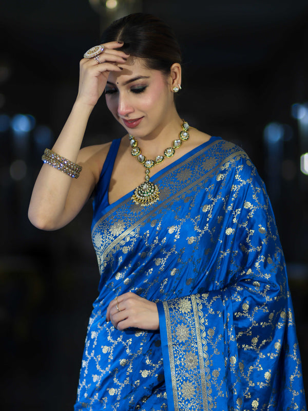 Banarasee Mashru Silk Saree With Zari Jaal Work & Floral Border-Blue