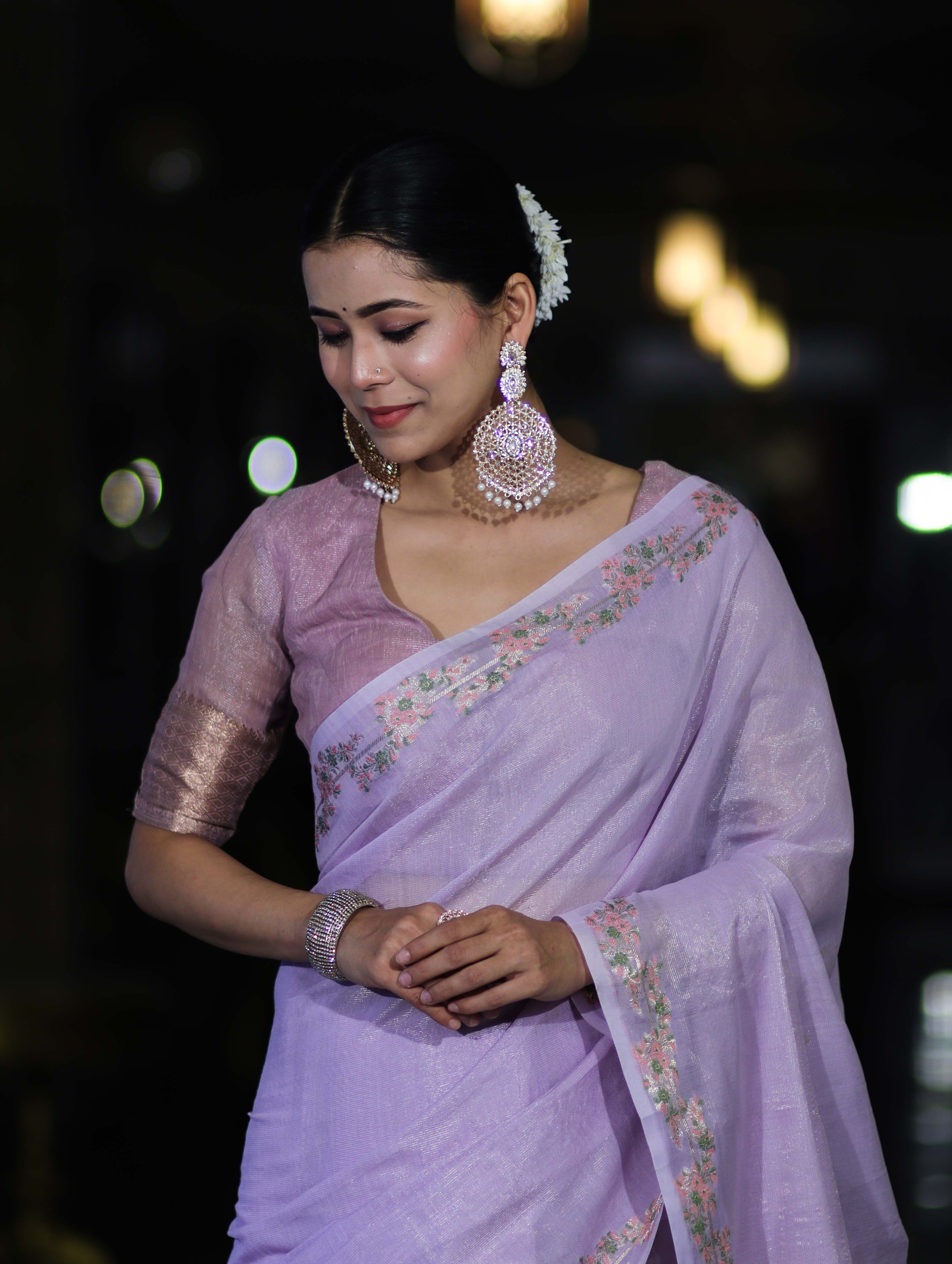 Banarasee Handloom Soft Tissue Shine Saree With Resham Floral Border-Lavender